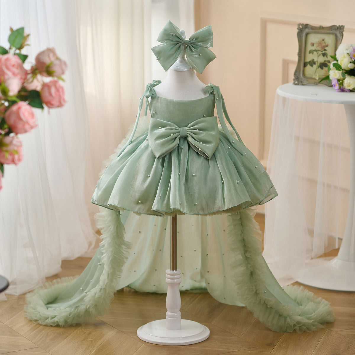 Jill Bowed Lace Up Satin Flower Girl Dress With Trailing J546