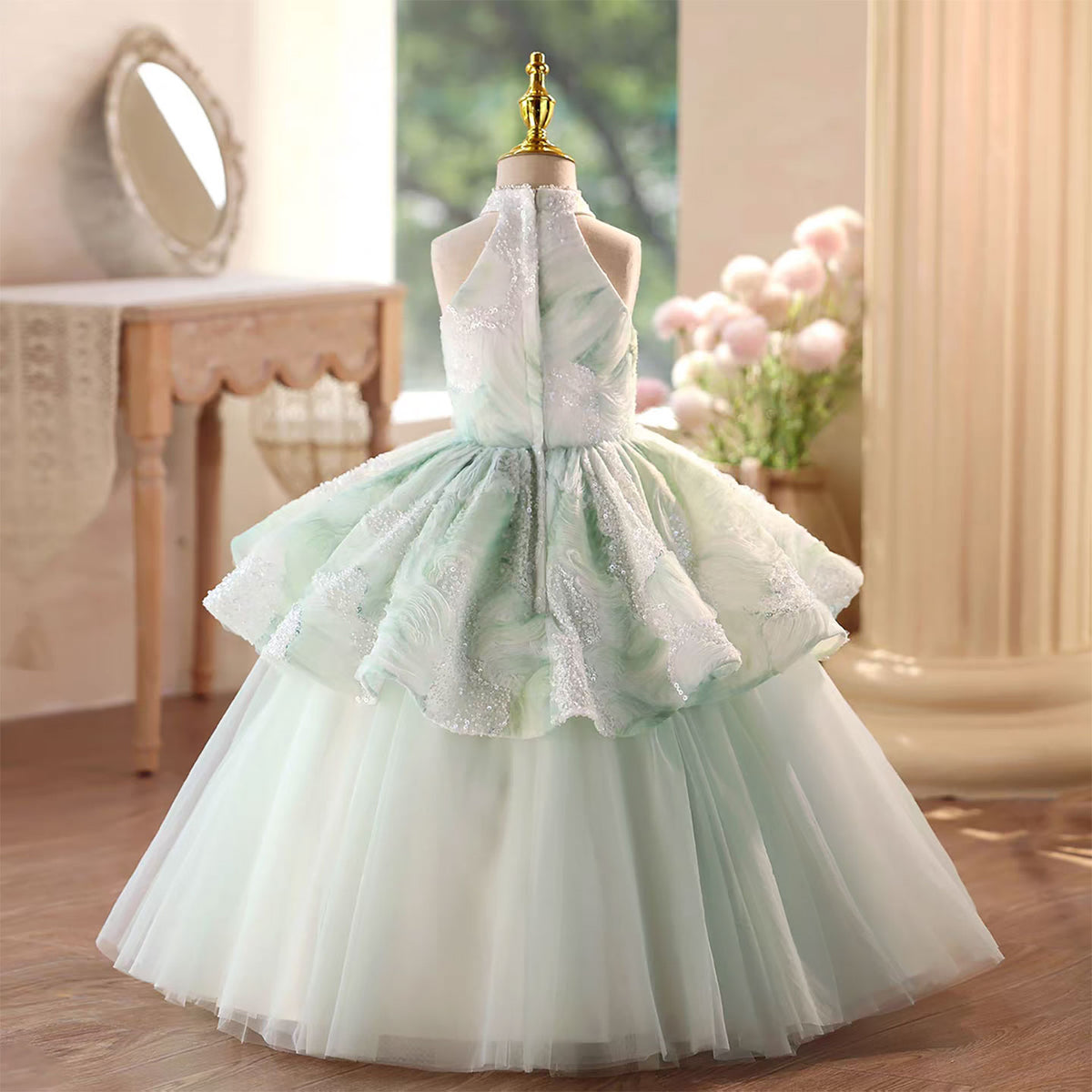 Jill Green Beaded Mandarin Neck Flower Girl Dress D102