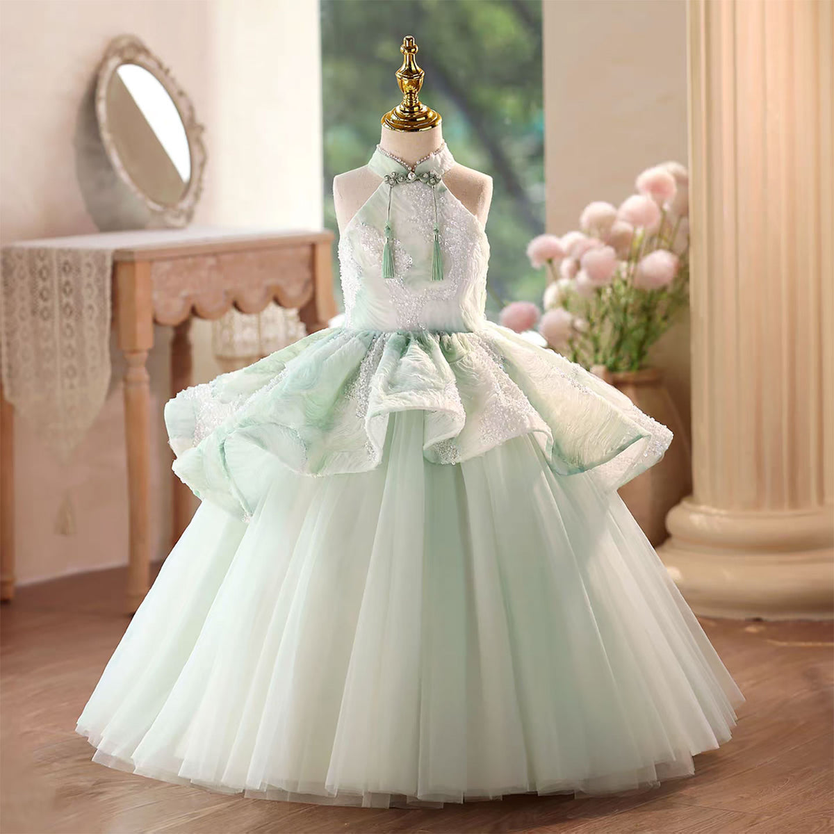 Jill Green Beaded Mandarin Neck Flower Girl Dress D102