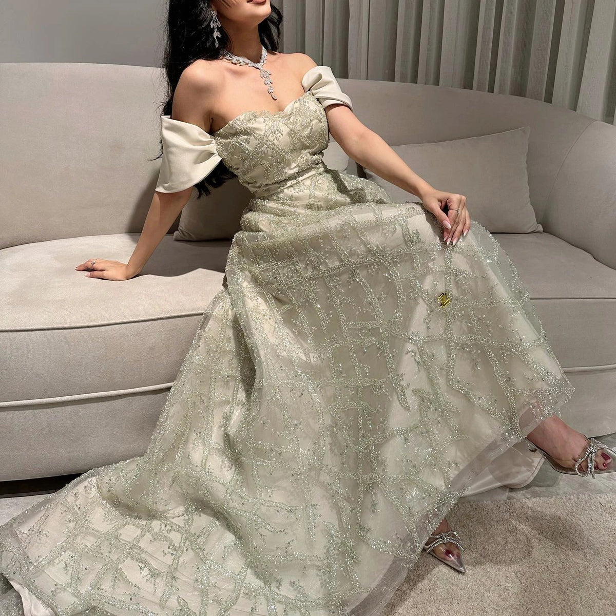 Saudi Arabia A-line Sage Green Evening Dresses for Women Wedding Elegant Dubai Beaded Midi Formal Party Gownns SS427