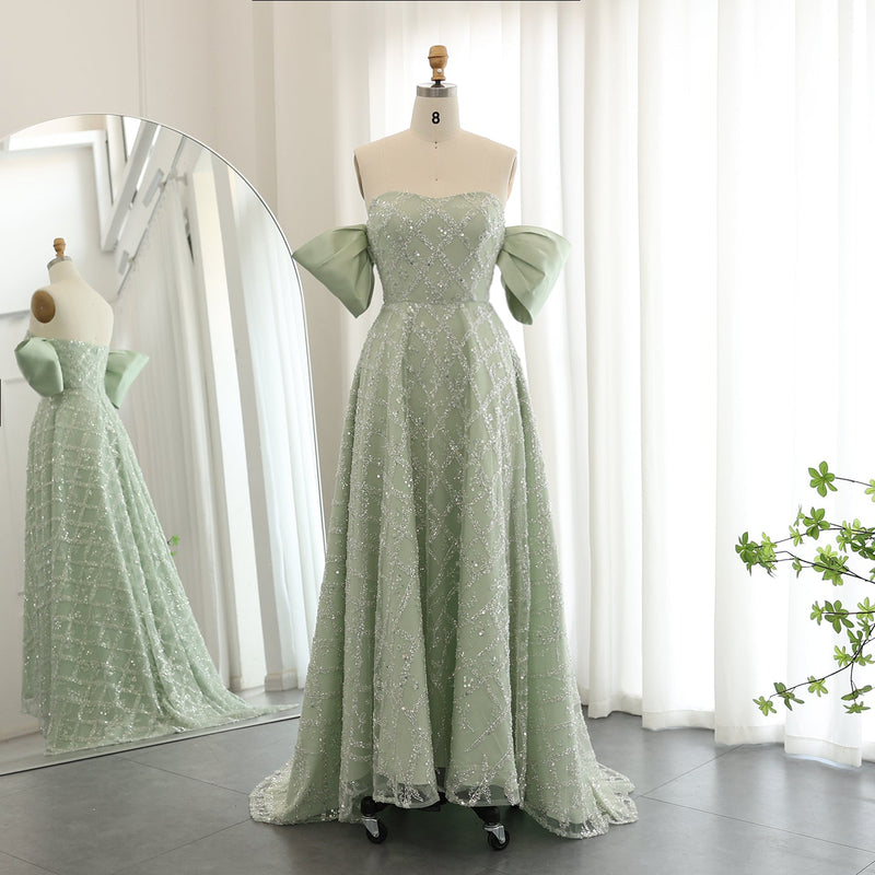 Saudi Arabia A-line Sage Green Evening Dresses for Women Wedding Elegant Dubai Beaded Midi Formal Party Gownns SS427