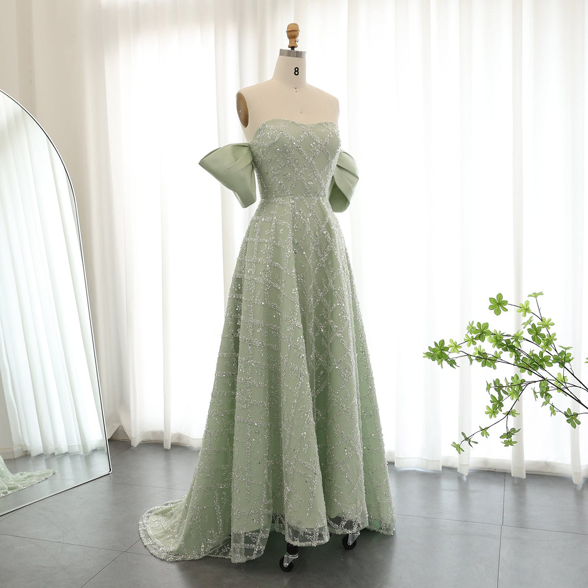 Saudi Arabia A-line Sage Green Evening Dresses for Women Wedding Elegant Dubai Beaded Midi Formal Party Gownns SS427