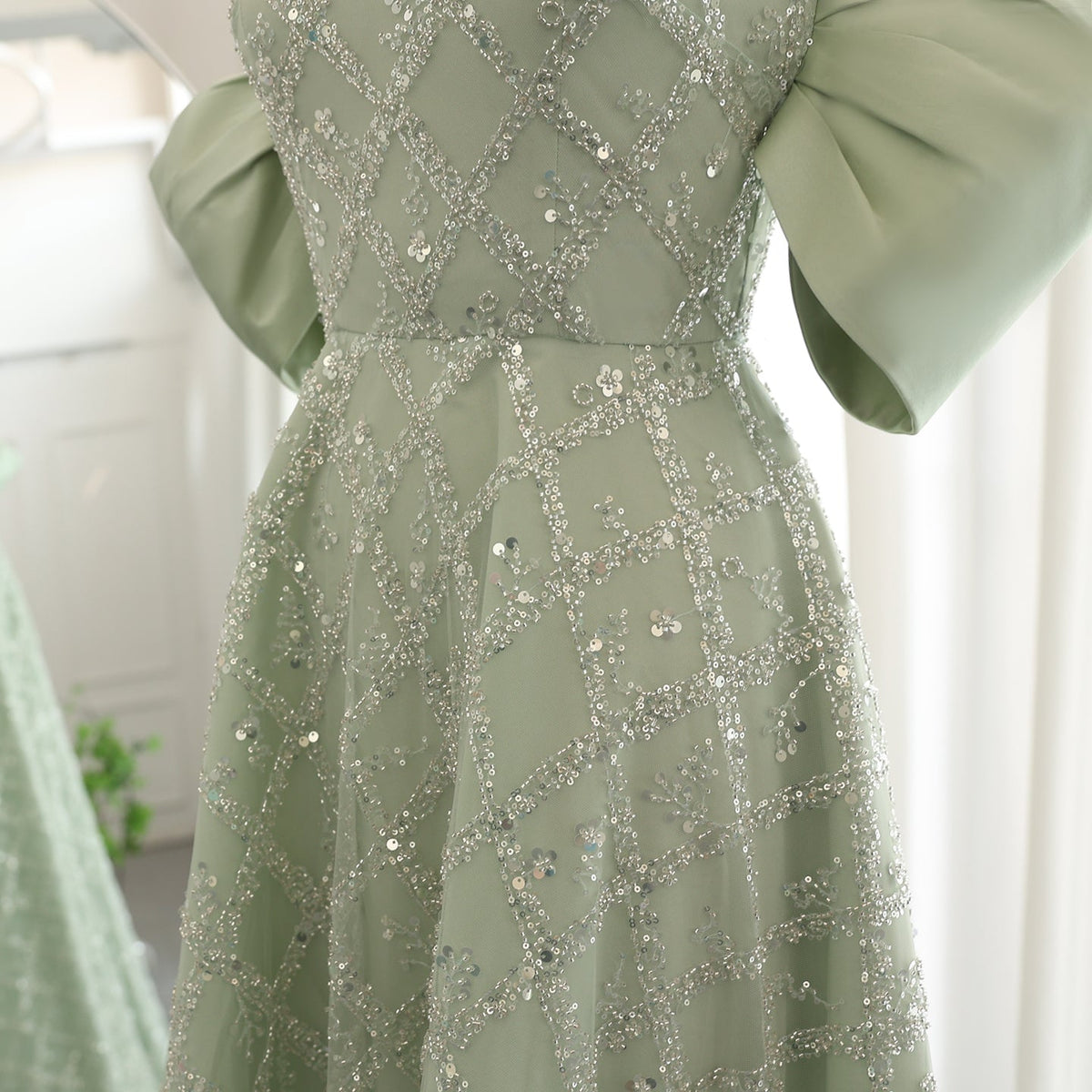 Saudi Arabia A-line Sage Green Evening Dresses for Women Wedding Elegant Dubai Beaded Midi Formal Party Gownns SS427