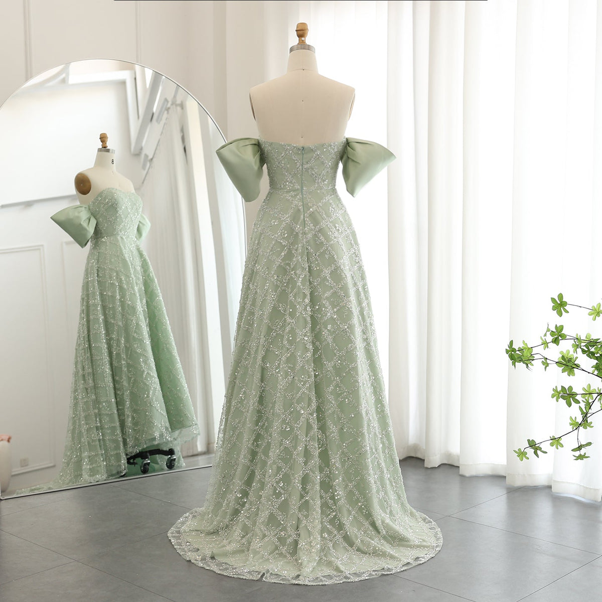 Saudi Arabia A-line Sage Green Evening Dresses for Women Wedding Elegant Dubai Beaded Midi Formal Party Gownns SS427