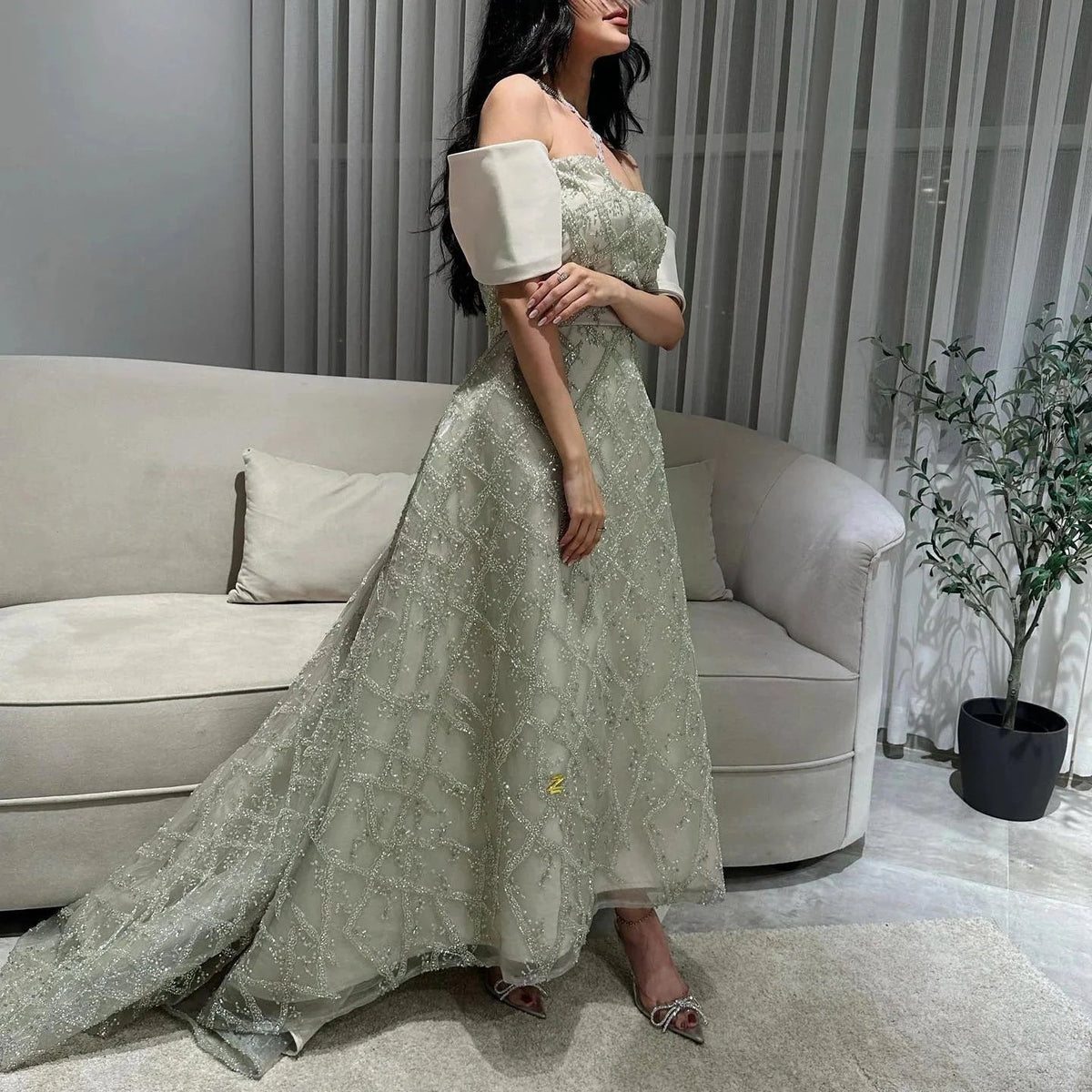 Saudi Arabia A-line Sage Green Evening Dresses for Women Wedding Elegant Dubai Beaded Midi Formal Party Gownns SS427