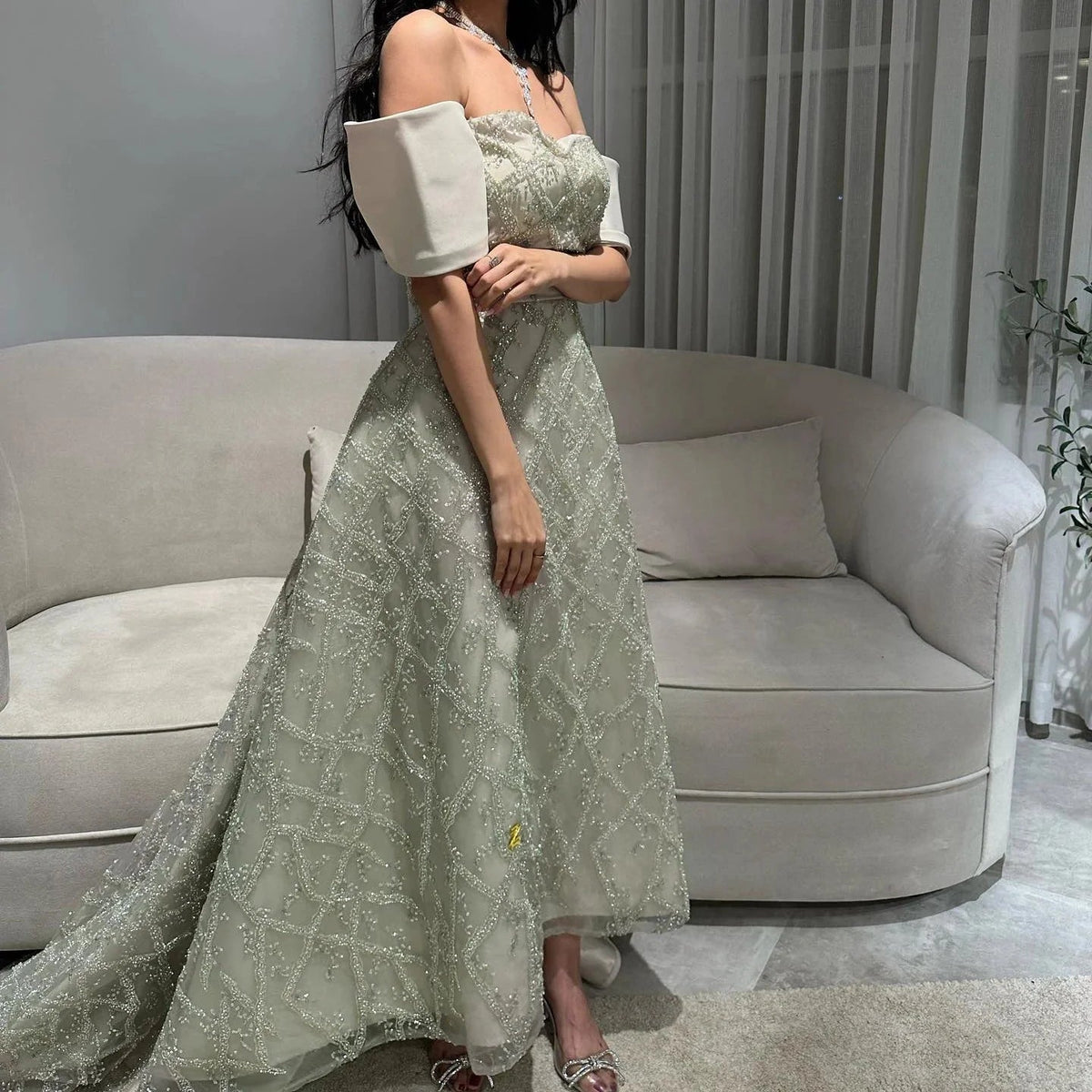 Saudi Arabia A-line Sage Green Evening Dresses for Women Wedding Elegant Dubai Beaded Midi Formal Party Gownns SS427