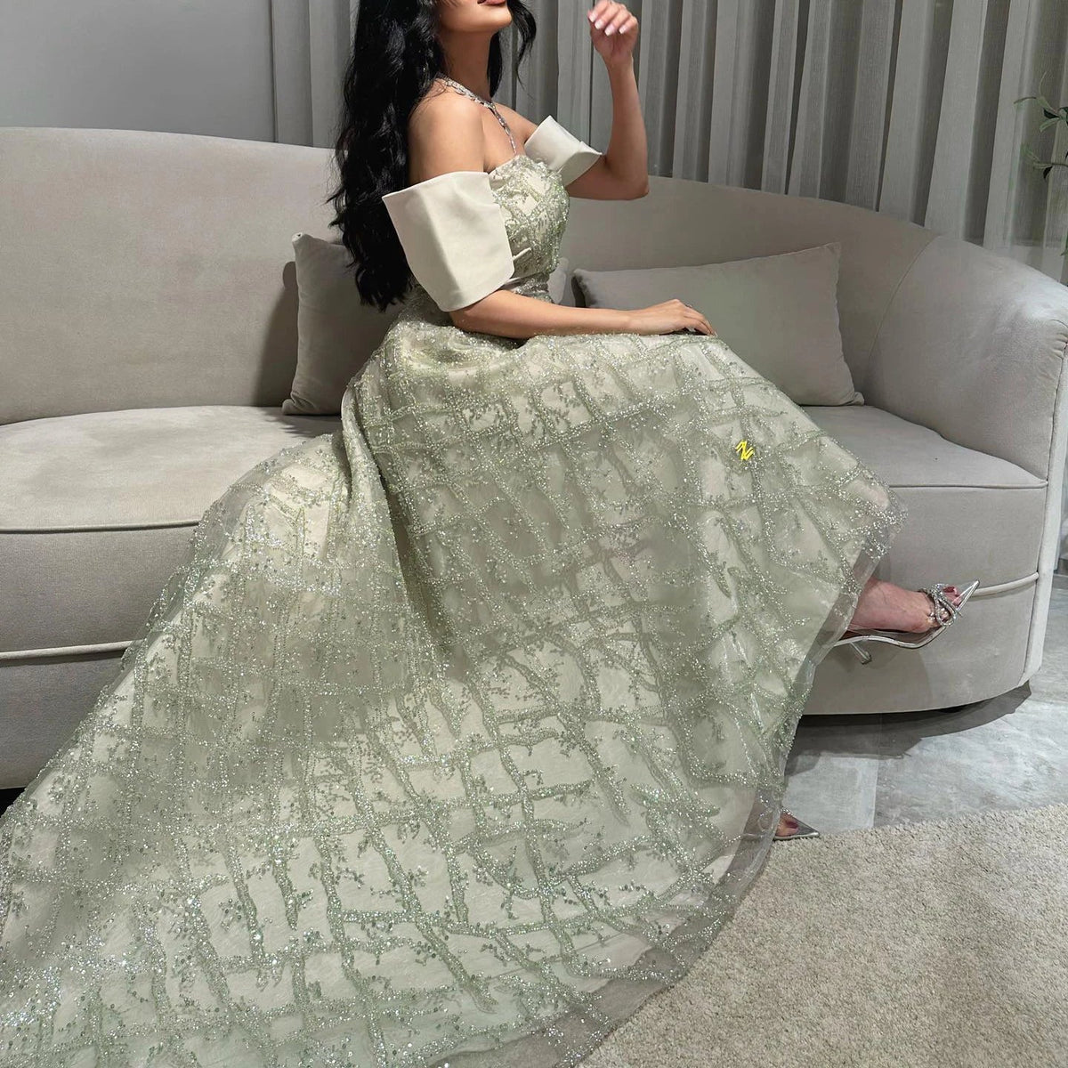 Saudi Arabia A-line Sage Green Evening Dresses for Women Wedding Elegant Dubai Beaded Midi Formal Party Gownns SS427