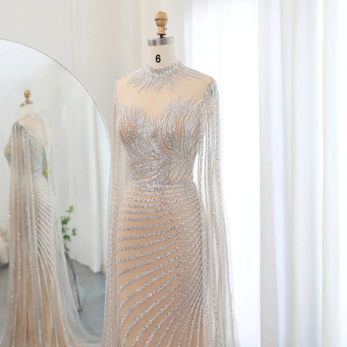 Saudi Arabia Caramel Mermaid Evening Dress with Cape Sleeves Luxury Dubai Women Wedding Guest Party Gowns SS412