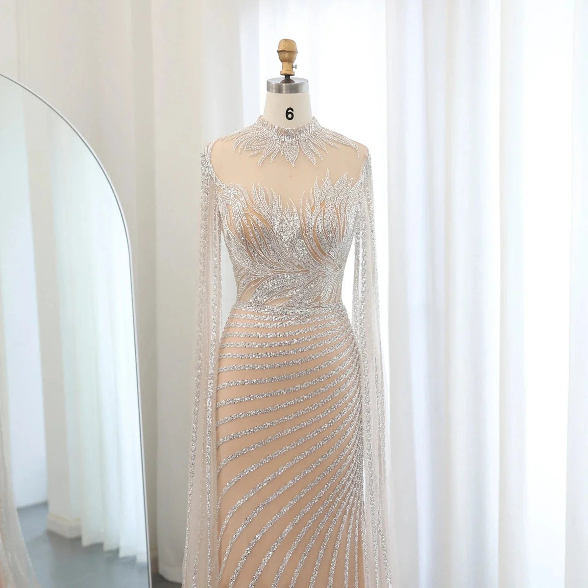 Saudi Arabia Caramel Mermaid Evening Dress with Cape Sleeves Luxury Dubai Women Wedding Guest Party Gowns SS412
