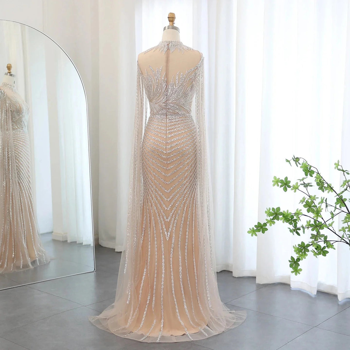 Saudi Arabia Caramel Mermaid Evening Dress with Cape Sleeves Luxury Dubai Women Wedding Guest Party Gowns SS412