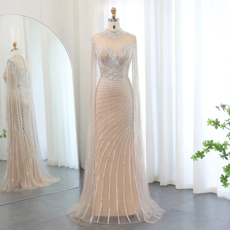 Saudi Arabia Caramel Mermaid Evening Dress with Cape Sleeves Luxury Dubai Women Wedding Guest Party Gowns SS412