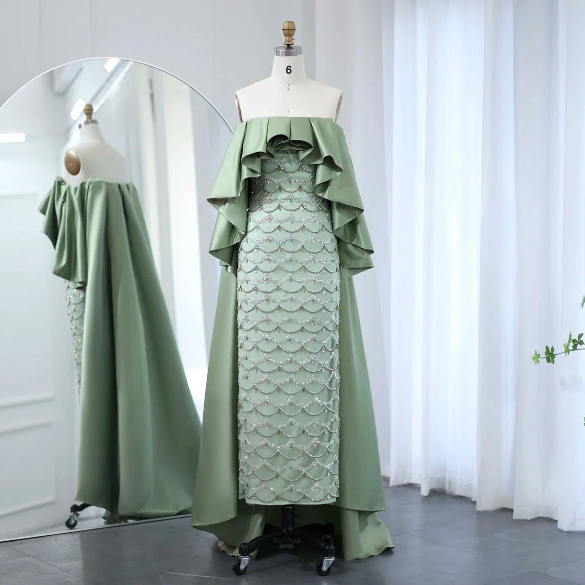 Saudi Arabia Sage Green Luxury Dubai Evening Dresses with Cape Lilac Beaded Women Wedding Party Dress SS383
