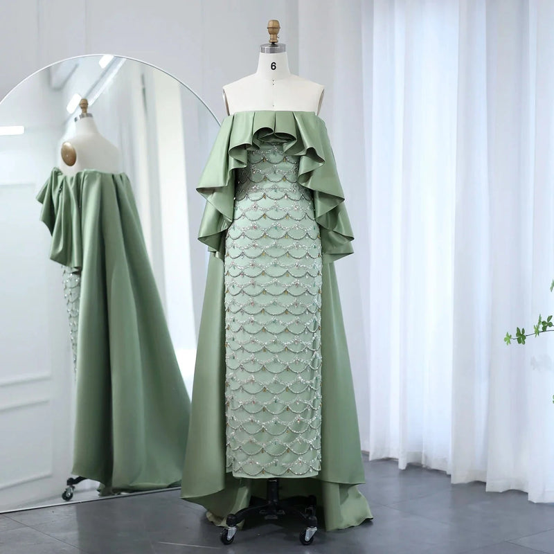 Saudi Arabia Sage Green Luxury Dubai Evening Dresses with Cape Lilac Beaded Women Wedding Party Dress SS383