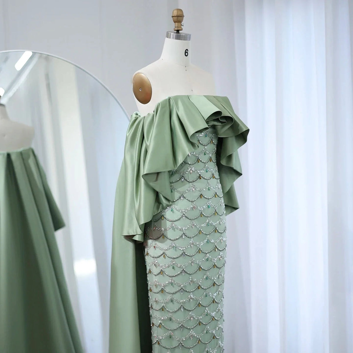 Saudi Arabia Sage Green Luxury Dubai Evening Dresses with Cape Lilac Beaded Women Wedding Party Dress SS383