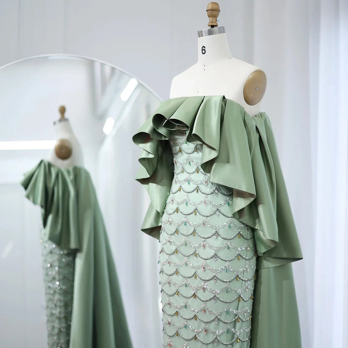 Saudi Arabia Sage Green Luxury Dubai Evening Dresses with Cape Lilac Beaded Women Wedding Party Dress SS383