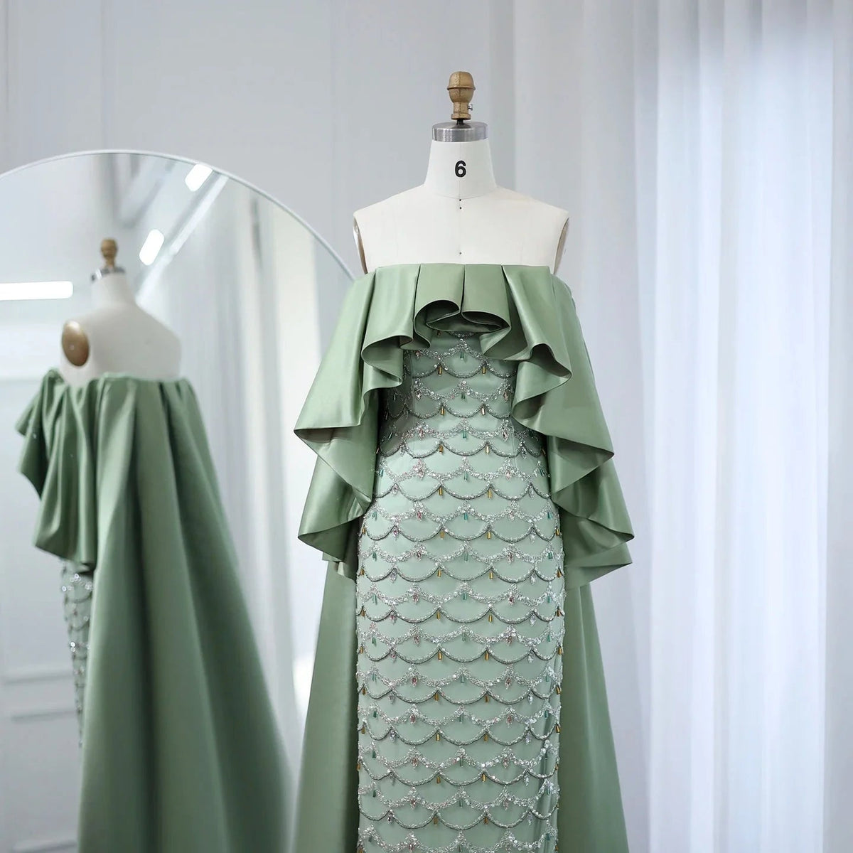 Saudi Arabia Sage Green Luxury Dubai Evening Dresses with Cape Lilac Beaded Women Wedding Party Dress SS383