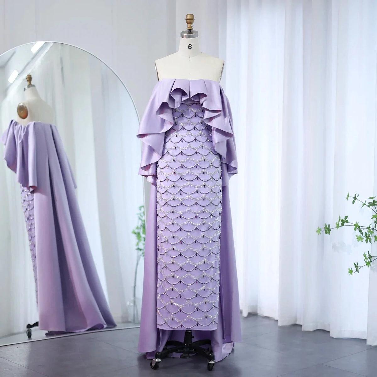 Saudi Arabia Sage Green Luxury Dubai Evening Dresses with Cape Lilac Beaded Women Wedding Party Dress SS383