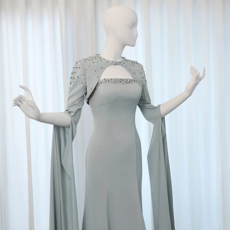 Saudi Arabia Sage Green Mermaid Evening Dress with Cape Sleeves Luxury Beaded Dubai Women Wedding Party Gowns SS424