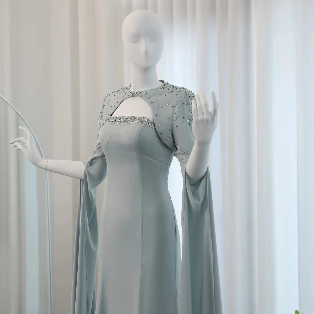 Saudi Arabia Sage Green Mermaid Evening Dress with Cape Sleeves Luxury Beaded Dubai Women Wedding Party Gowns SS424