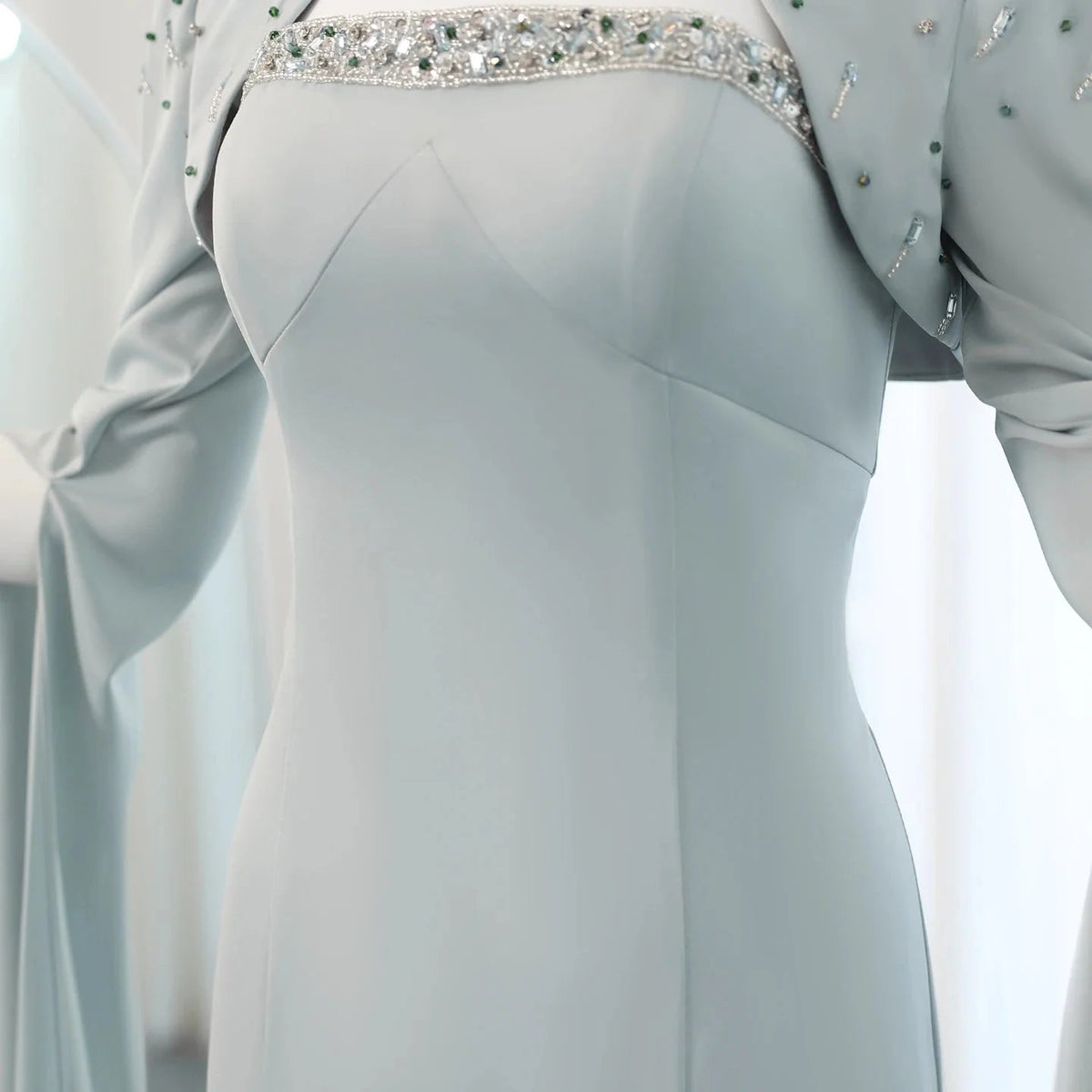 Saudi Arabia Sage Green Mermaid Evening Dress with Cape Sleeves Luxury Beaded Dubai Women Wedding Party Gowns SS424