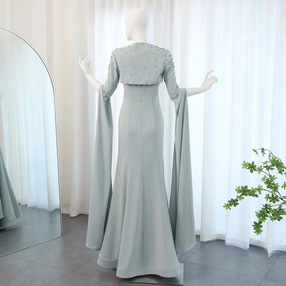 Saudi Arabia Sage Green Mermaid Evening Dress with Cape Sleeves Luxury Beaded Dubai Women Wedding Party Gowns SS424