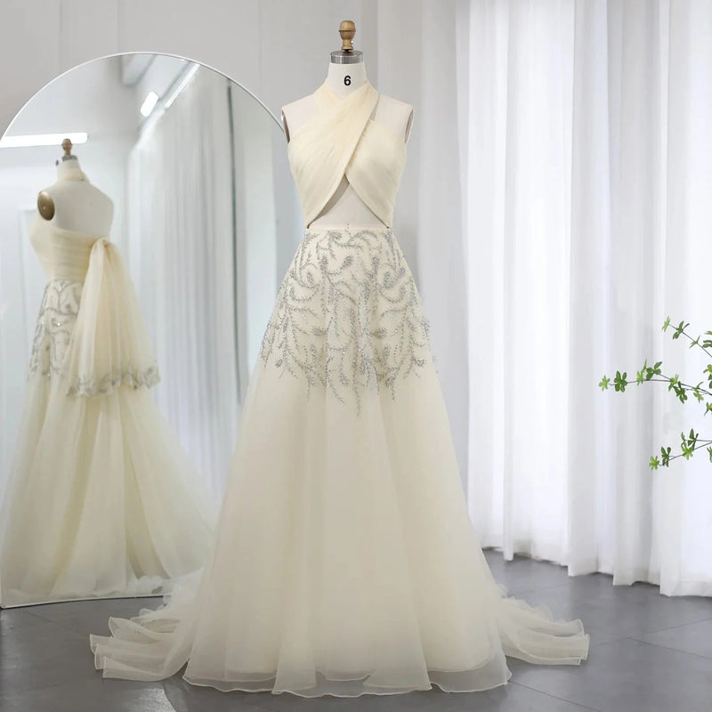 Saudi Arabic Halter Beige Dubai Evening Dress for Women Wedding Luxury Crystal Dubai Long Prom Party Dresses SS444