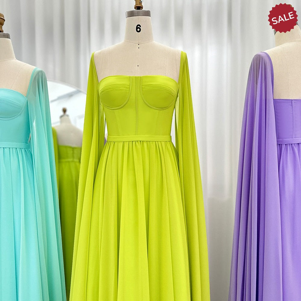 Saudi Arabic Lemon Yellow Dubai Evening Dresses with Cape Sleeves Elegant Women Wedding Party Formal Gowns SF076