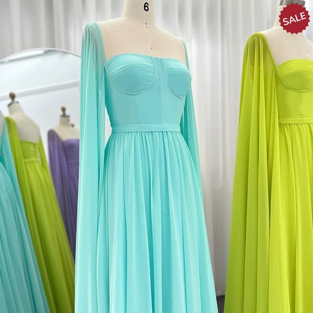 Saudi Arabic Lemon Yellow Dubai Evening Dresses with Cape Sleeves Elegant Women Wedding Party Formal Gowns SF076