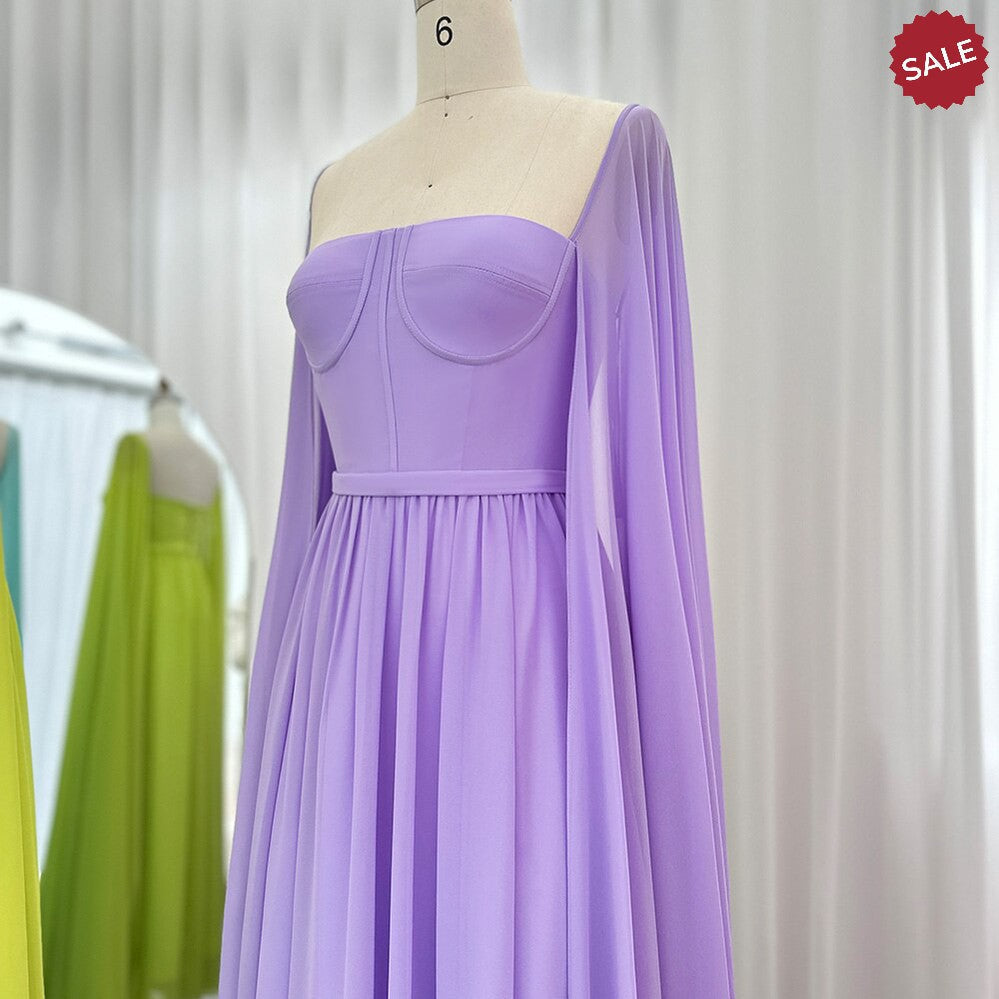 Saudi Arabic Lemon Yellow Dubai Evening Dresses with Cape Sleeves Elegant Women Wedding Party Formal Gowns SF076