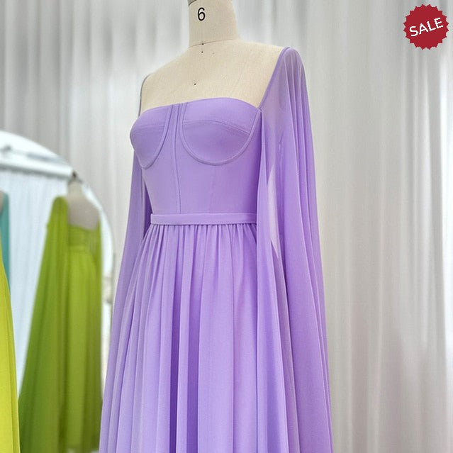 Saudi Arabic Lemon Yellow Dubai Evening Dresses with Cape Sleeves Elegant Women Wedding Party Formal Gowns SF076