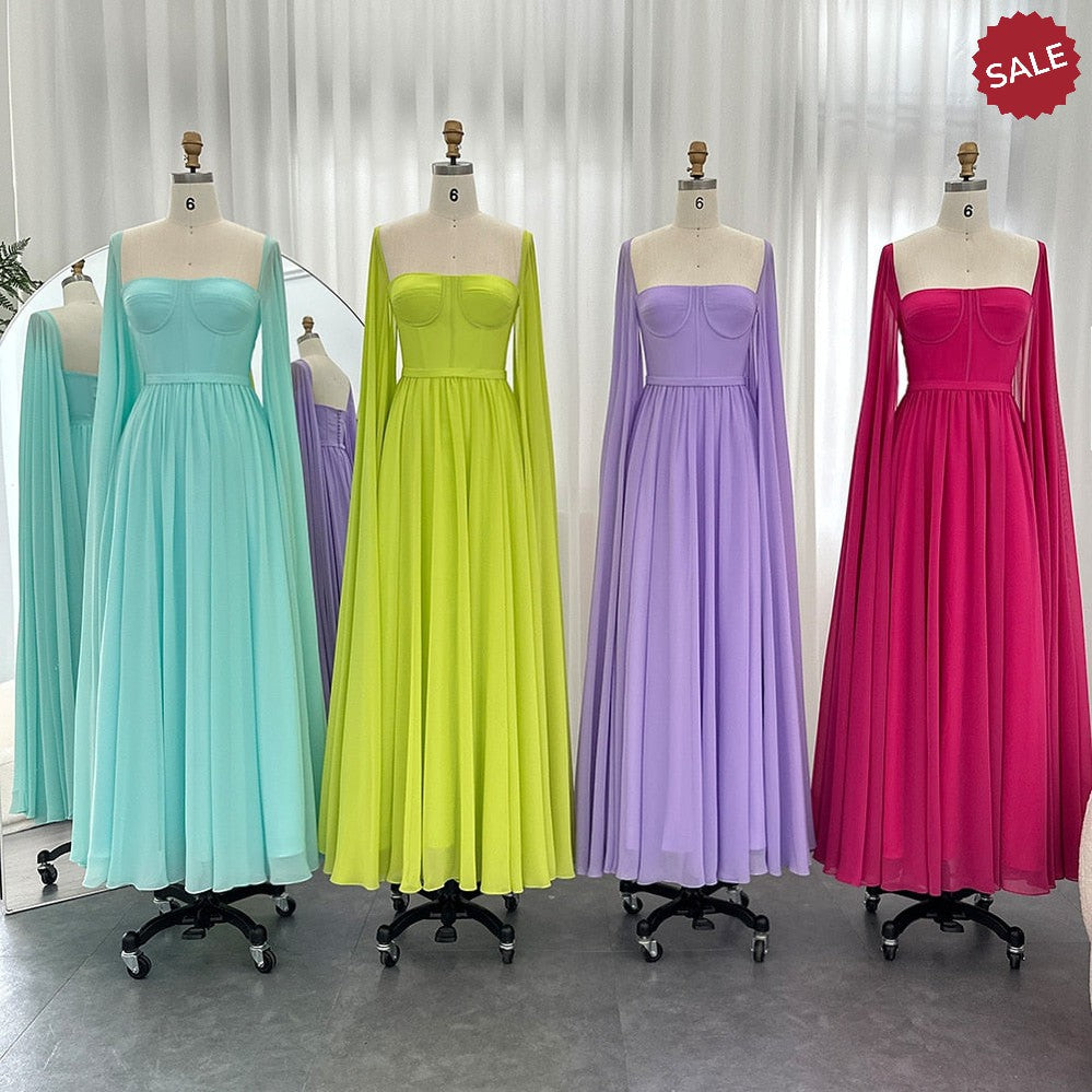 Saudi Arabic Lemon Yellow Dubai Evening Dresses with Cape Sleeves Elegant Women Wedding Party Formal Gowns SF076