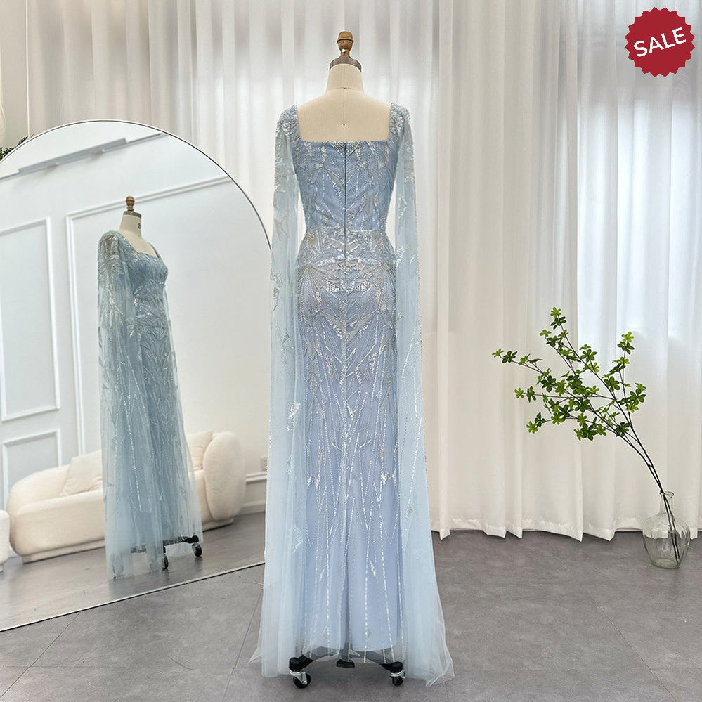 Saudi Arabic Nude Pink Luxury Dubai Evening Dresses with Cape Sleeves Square Collar Women Wedding Party Gowns SS497