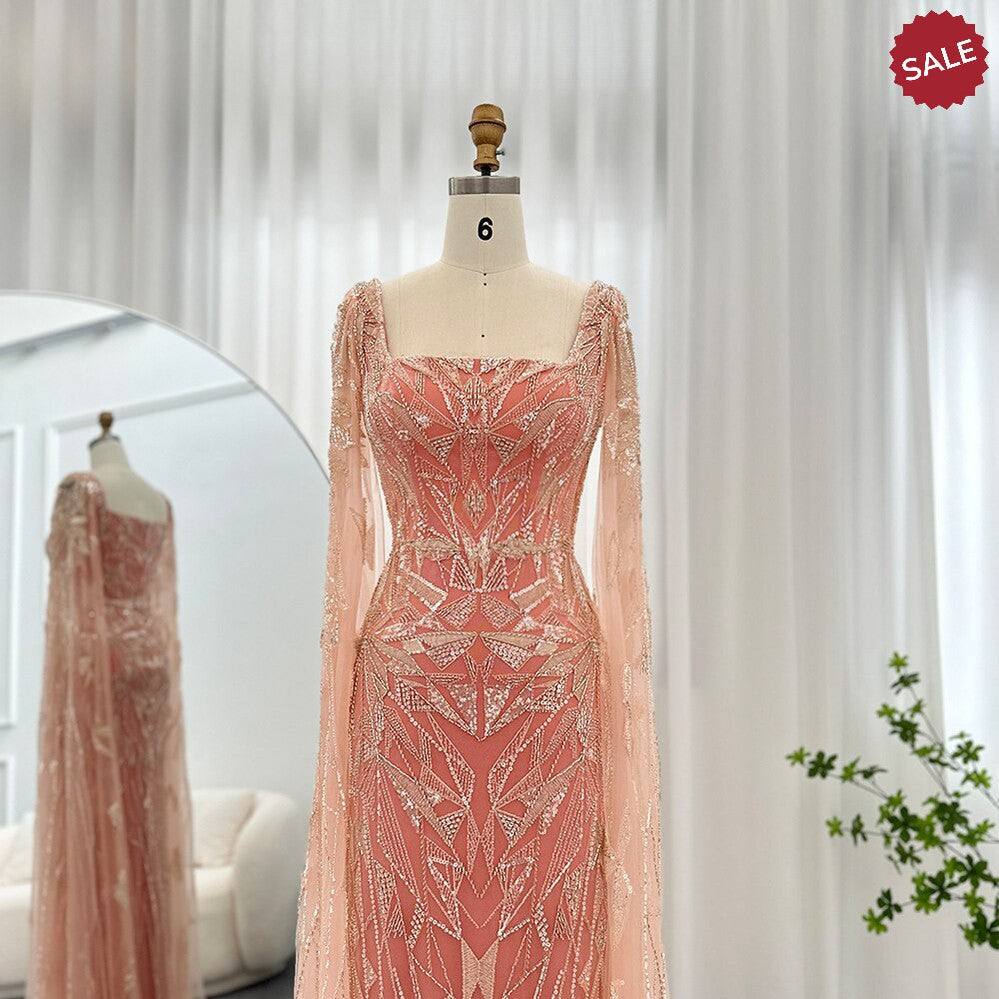Saudi Arabic Nude Pink Luxury Dubai Evening Dresses with Cape Sleeves Square Collar Women Wedding Party Gowns SS497