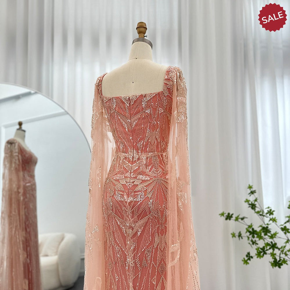 Saudi Arabic Nude Pink Luxury Dubai Evening Dresses with Cape Sleeves Square Collar Women Wedding Party Gowns SS497