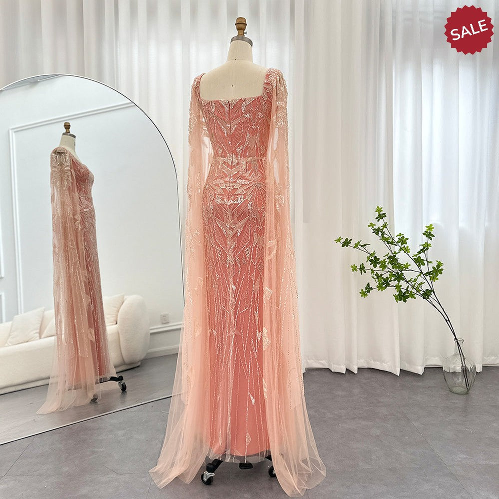 Saudi Arabic Nude Pink Luxury Dubai Evening Dresses with Cape Sleeves Square Collar Women Wedding Party Gowns SS497