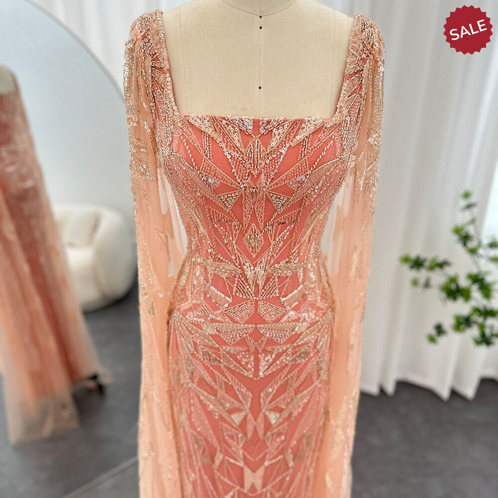 Saudi Arabic Nude Pink Luxury Dubai Evening Dresses with Cape Sleeves Square Collar Women Wedding Party Gowns SS497