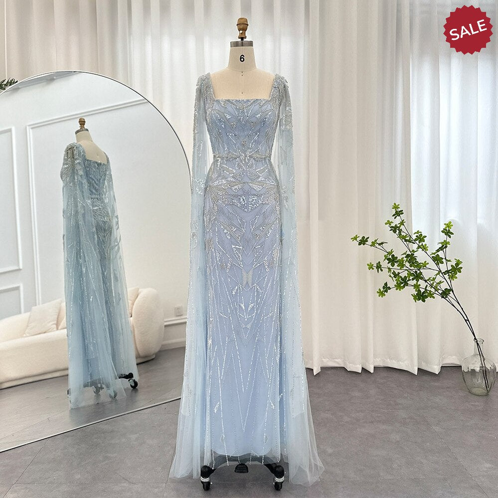 Saudi Arabic Nude Pink Luxury Dubai Evening Dresses with Cape Sleeves Square Collar Women Wedding Party Gowns SS497