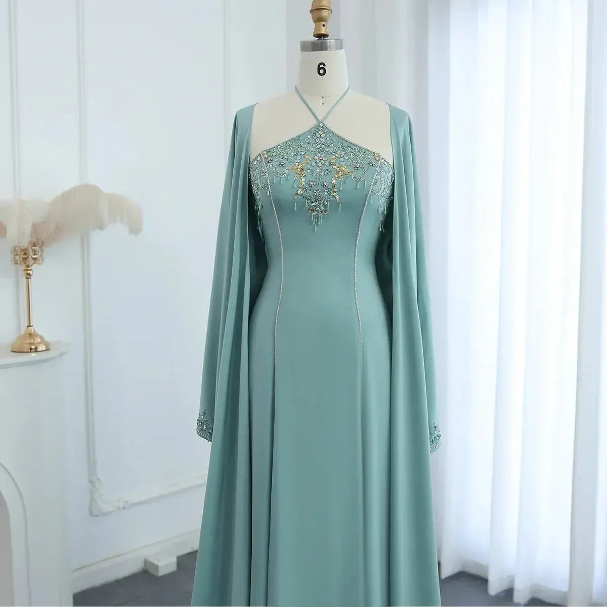 Saudi Arabic Sage Green Halter Evening Dresses with Cape Luxury Dubai Women Wedding Party Gowns SS301
