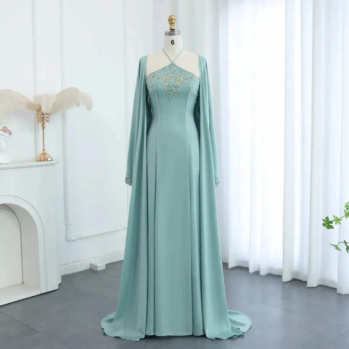 Saudi Arabic Sage Green Halter Evening Dresses with Cape Luxury Dubai Women Wedding Party Gowns SS301