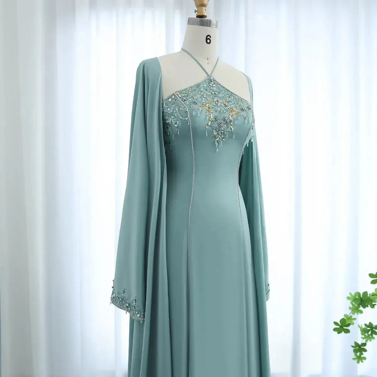 Saudi Arabic Sage Green Halter Evening Dresses with Cape Luxury Dubai Women Wedding Party Gowns SS301