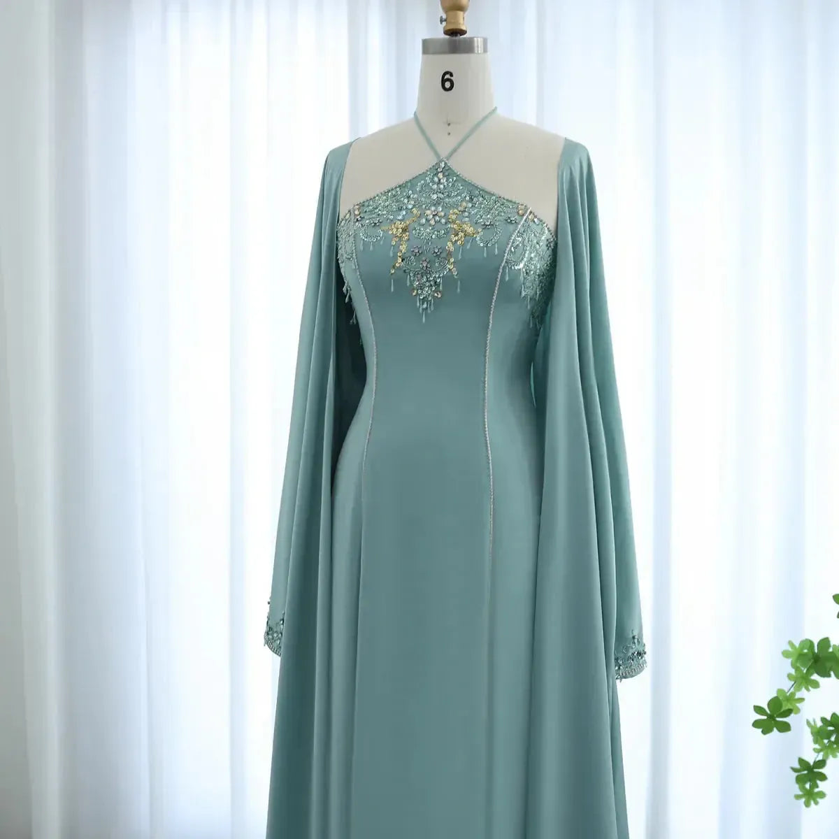 Saudi Arabic Sage Green Halter Evening Dresses with Cape Luxury Dubai Women Wedding Party Gowns SS301