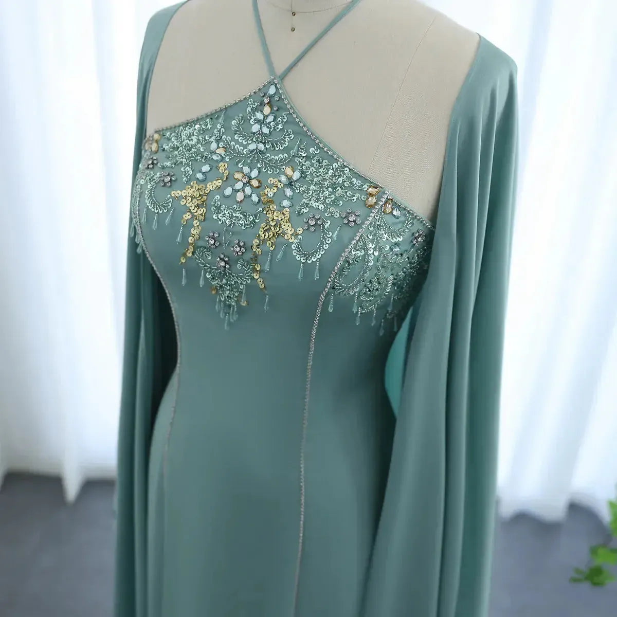 Saudi Arabic Sage Green Halter Evening Dresses with Cape Luxury Dubai Women Wedding Party Gowns SS301