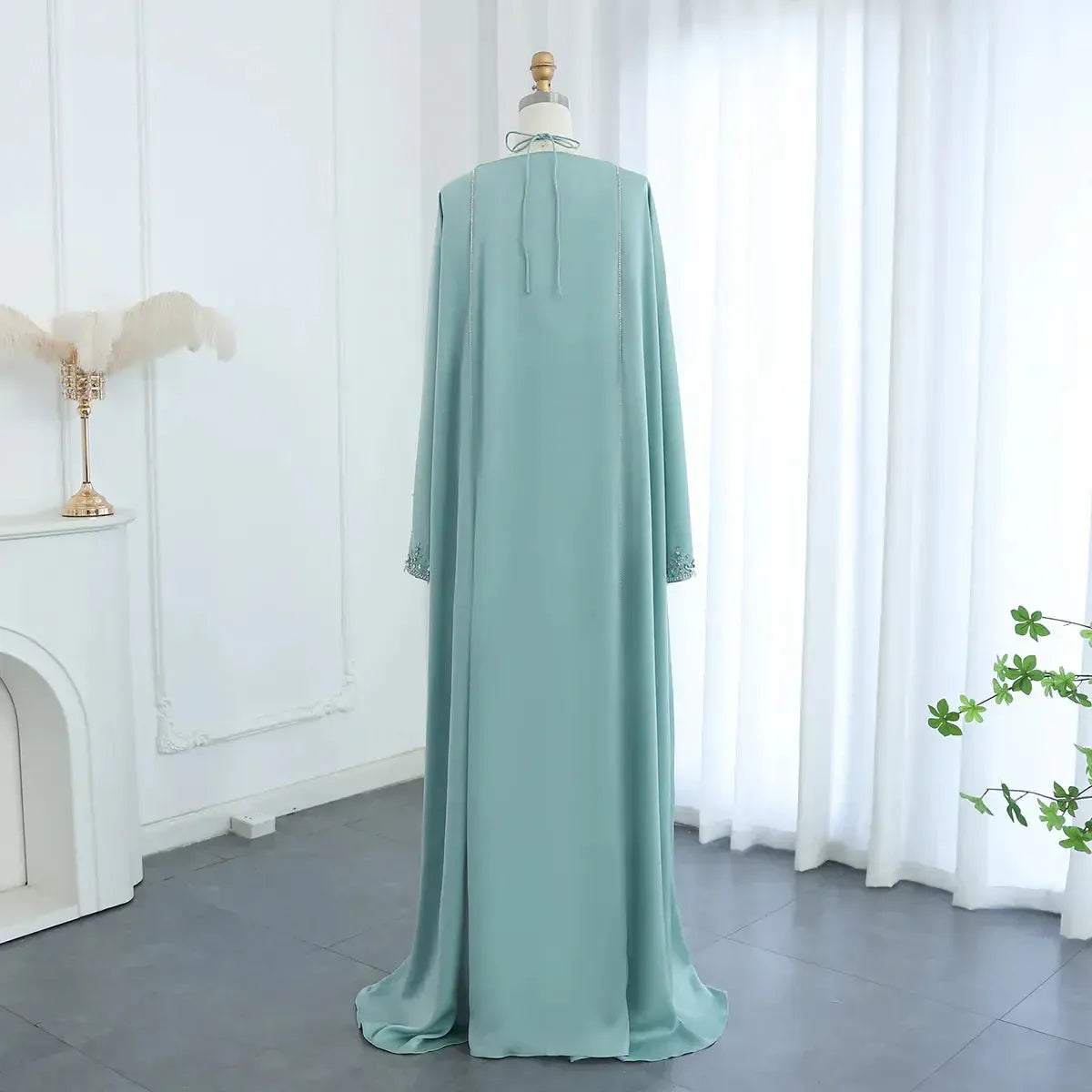 Saudi Arabic Sage Green Halter Evening Dresses with Cape Luxury Dubai Women Wedding Party Gowns SS301