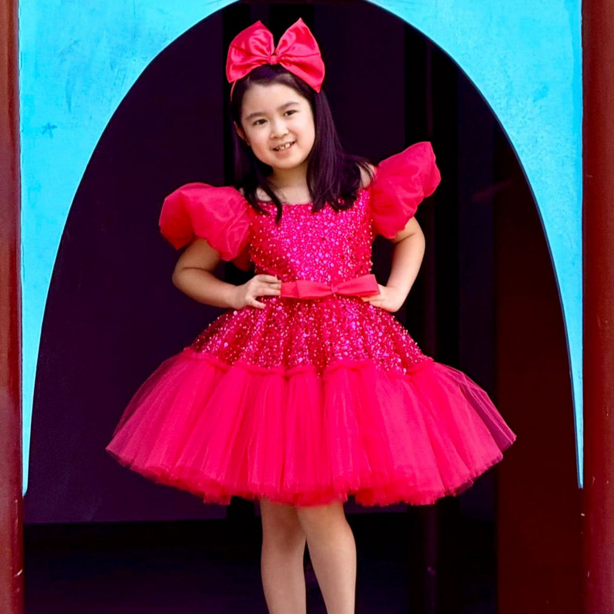 Elegant Sequins Christmas Puffy Sleeve Girl Holiday Party Dress J272