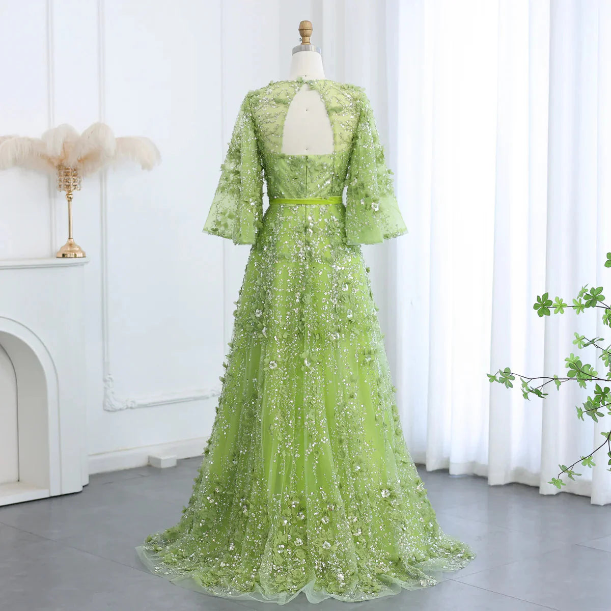 Sexy Plunging V-neck Green 3D Embroidered Flowers Evening Dress for Women Wedding Party Gowns SS354