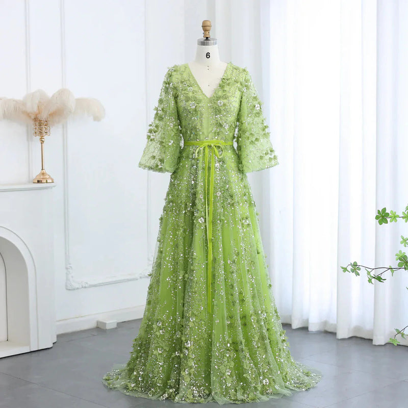 Sexy Plunging V-neck Green 3D Embroidered Flowers Evening Dress for Women Wedding Party Gowns SS354