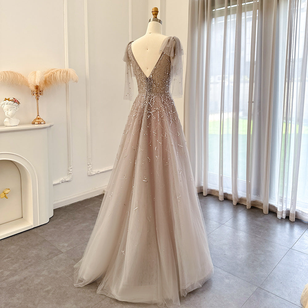 Sexy V-Neck Luxury Dubai Silver Gray Evening Dress for Women Wedding Party Elegant Long Formal Prom Dresses SS097