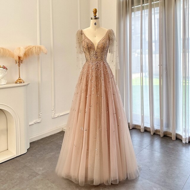 Sexy V-Neck Luxury Dubai Silver Gray Evening Dress for Women Wedding Party Elegant Long Formal Prom Dresses SS097