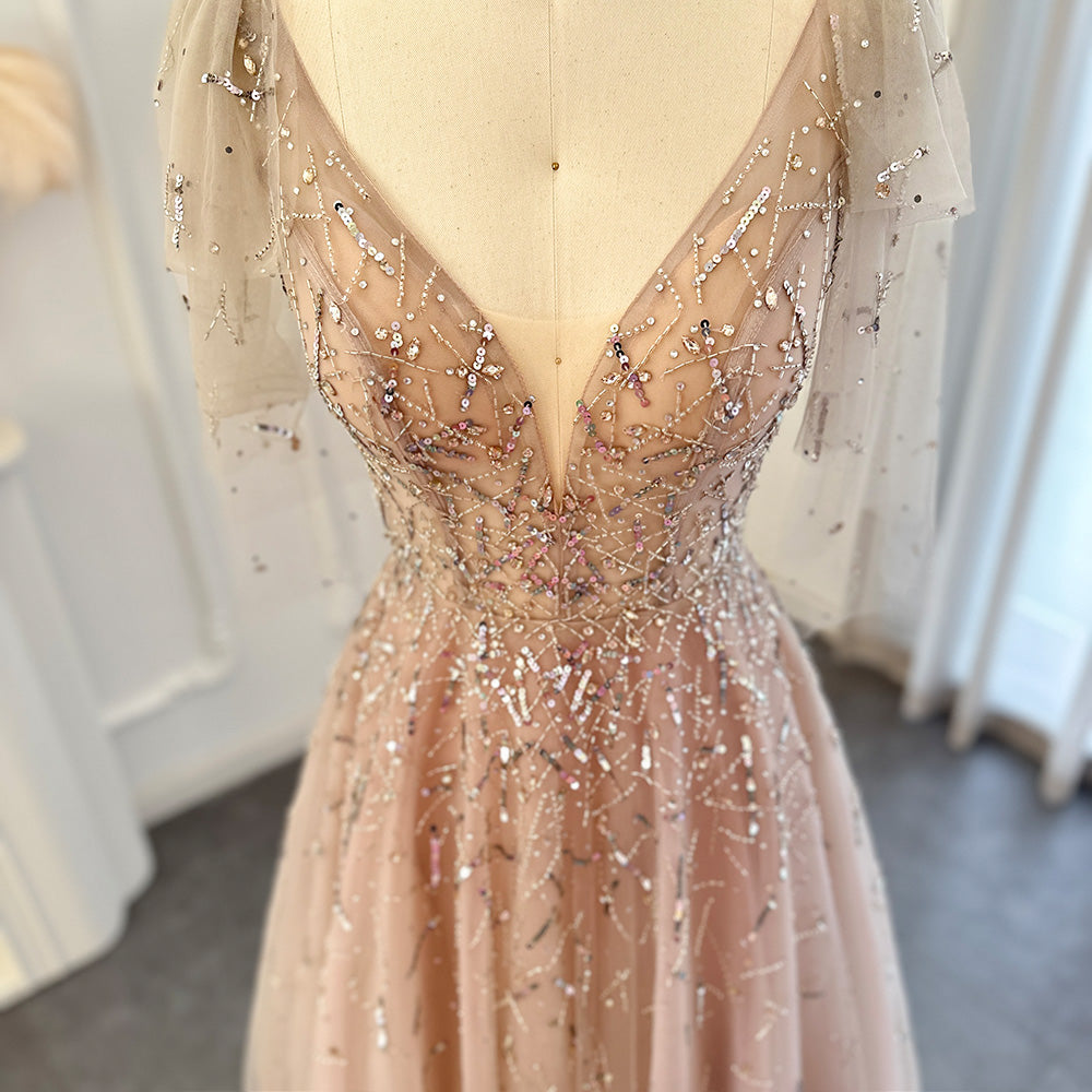 Sexy V-Neck Luxury Dubai Silver Gray Evening Dress for Women Wedding Party Elegant Long Formal Prom Dresses SS097