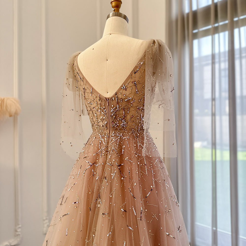 Sexy V-Neck Luxury Dubai Silver Gray Evening Dress for Women Wedding Party Elegant Long Formal Prom Dresses SS097